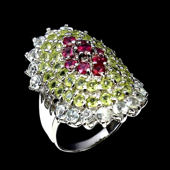 Natural Rhodolite Garnet, Aquamarine, Peridot 925 Sterling Silver Ring 8 - Picture 2 of 3